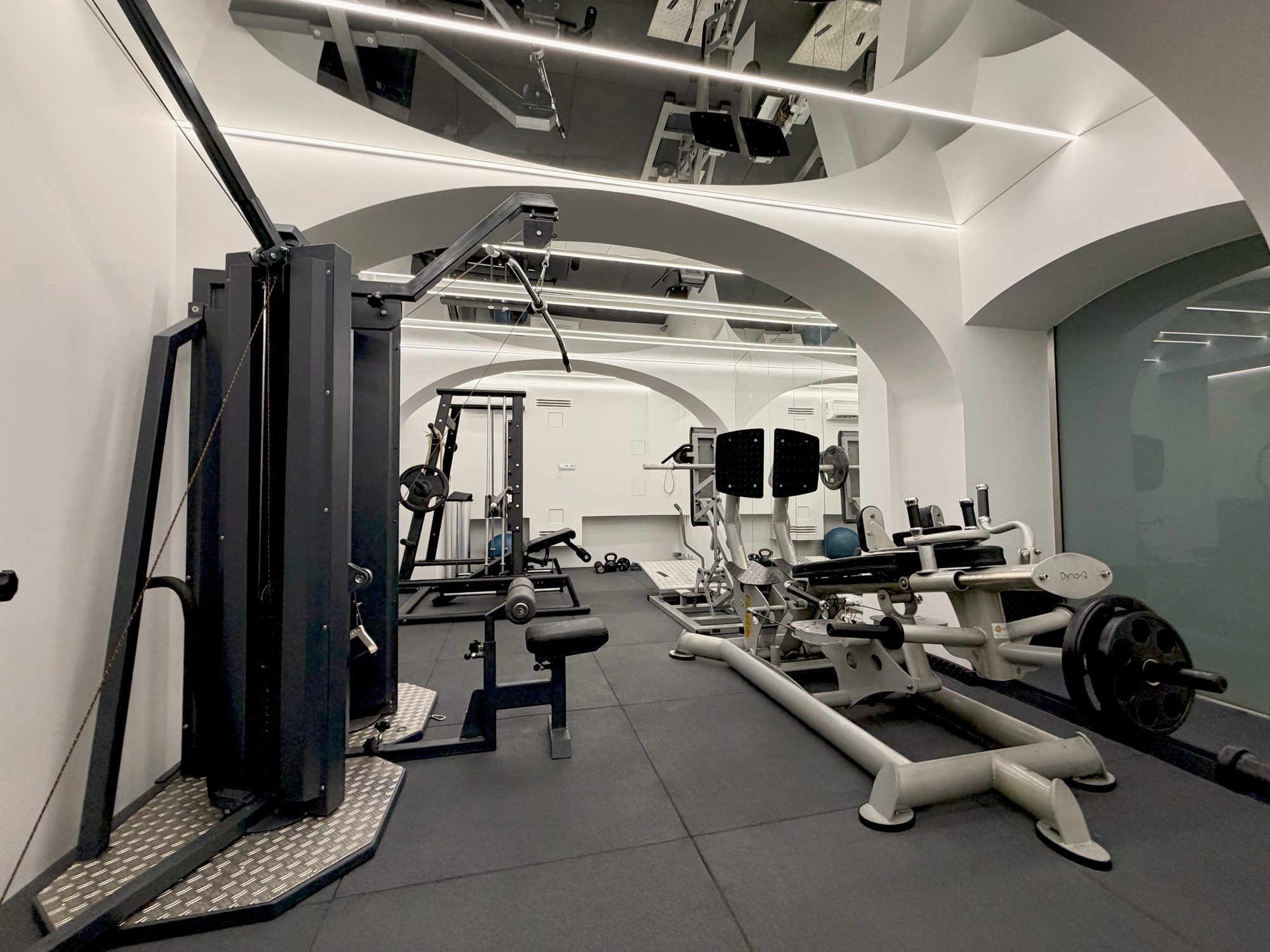 Private gym with training machines under arched, mirrored ceilings